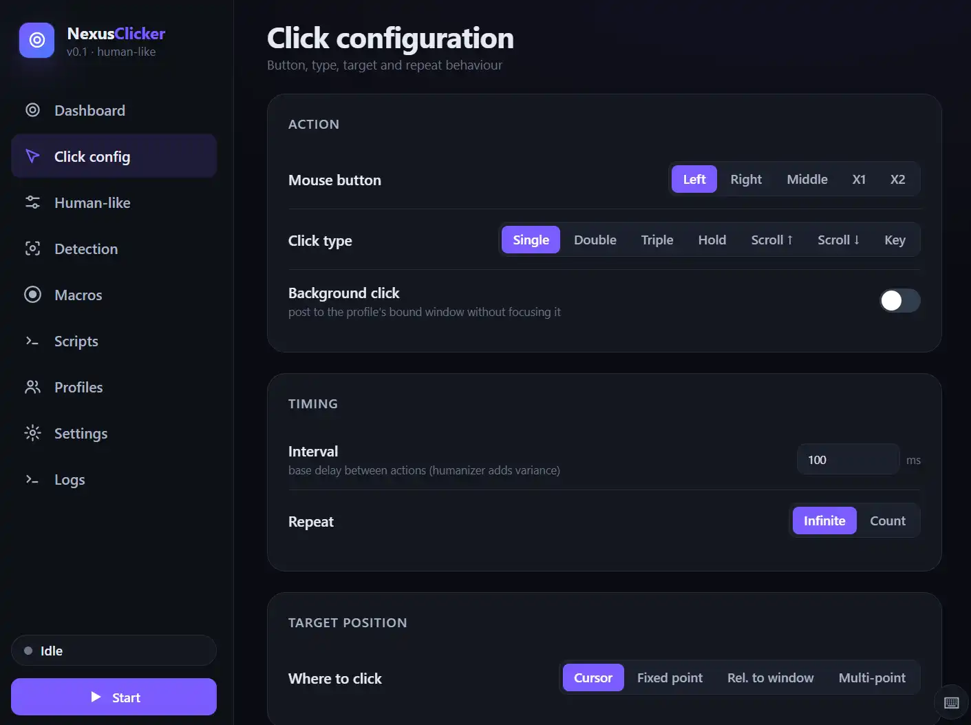 Настройка автокликера мыши в NexusClicker: Left mouse button, Single click, Interval 100 ms, Repeat Infinite, цель — Cursor