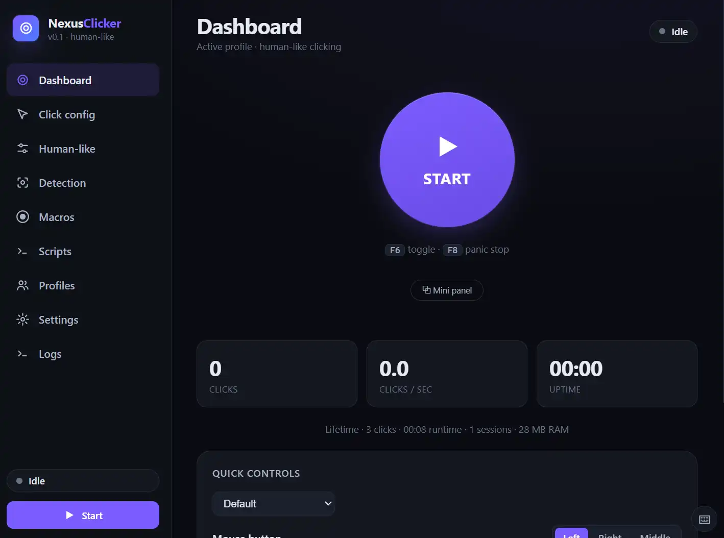 Dashboard автокликера перед игрой: кнопка START, F6 toggle, F8 panic stop, статус Idle — удобно держать stop под рукой