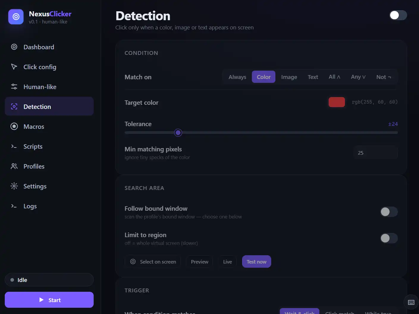 Скриншот раздела Detection в NexusClicker: условие Match on Color, целевой цвет rgb(255, 60, 60), tolerance и область поиска на экране