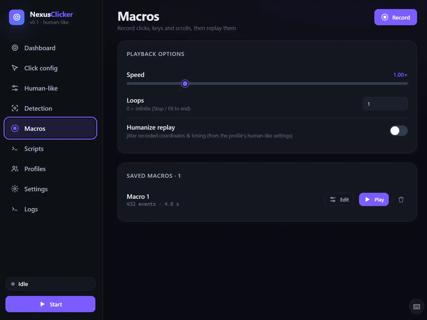 Скриншот раздела Macros в NexusClicker: запись макросов, скорость playback 1.00×, loops, humanize replay и сохранённый Macro 1