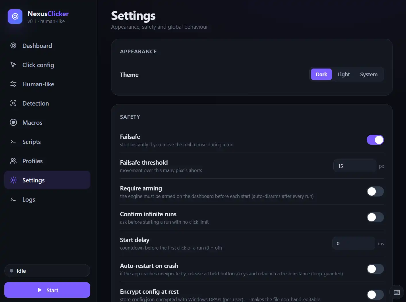 Настройки безопасности автокликера: Failsafe включён, порог 15 px, Require arming, Confirm infinite runs, Start delay 0 ms
